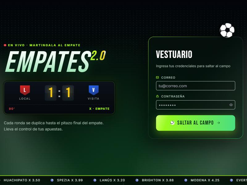 Pantalla de acceso de Empates 2.0 con marcador 1 a 1 y cuotas