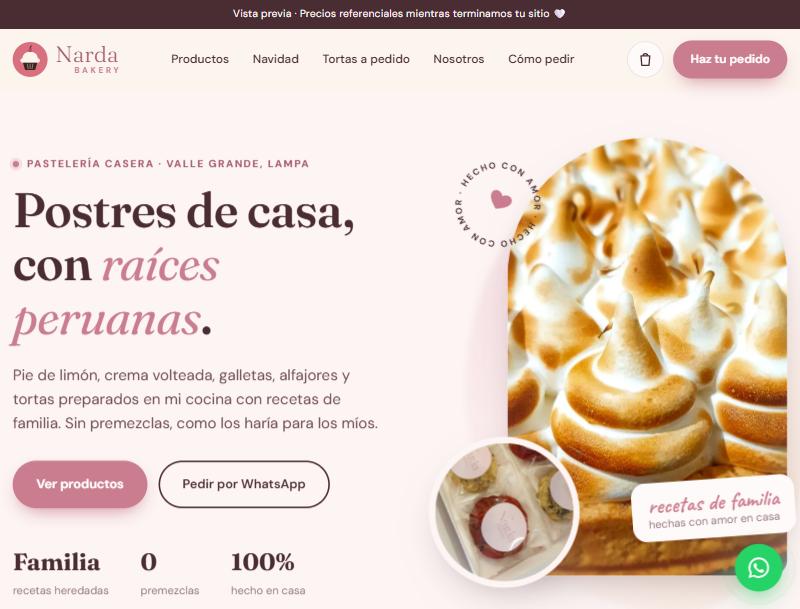 Portada de Narda Bakery con pie de limón y botones de pedido